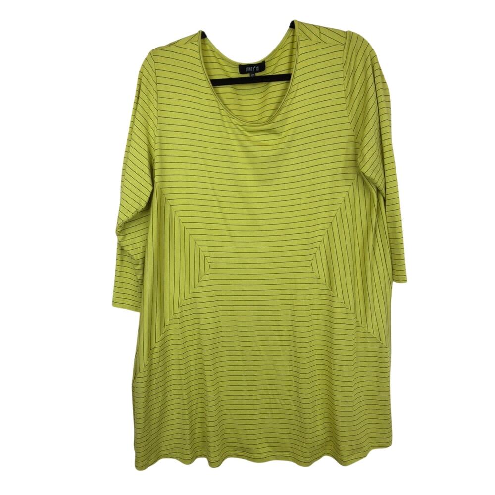 Comfy USA Green Black Striped Geometric Print Scoop Neck Top XL Made In USA